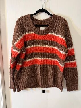 Chunky Striped Crewneck Sweater - Brown & Reddish/orange